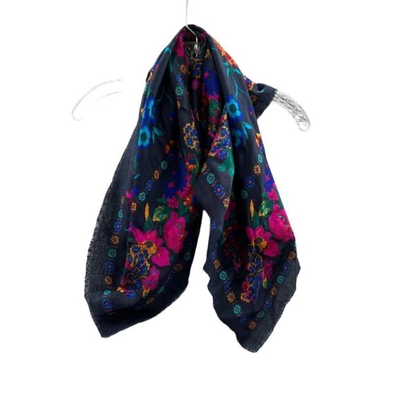 Vintage Scarf Challis by Berkshire Blue Fuchsia Floral Acrylic Made in Japan - Picture 4 of 6